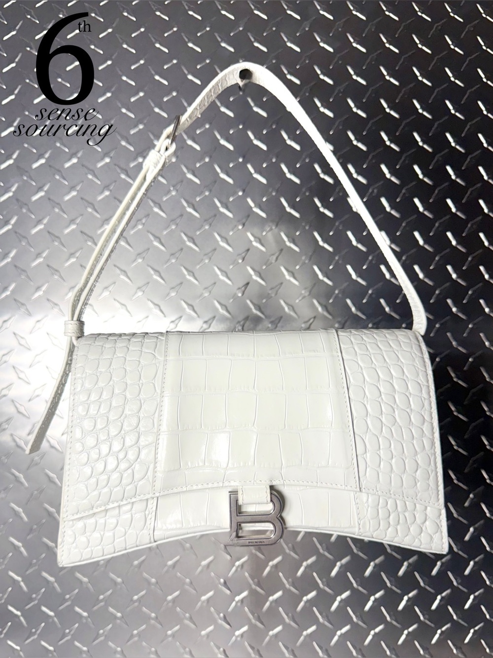 Balenciaga Shiny Croc Embossed Hourglass Sling Shoulder Bag in White